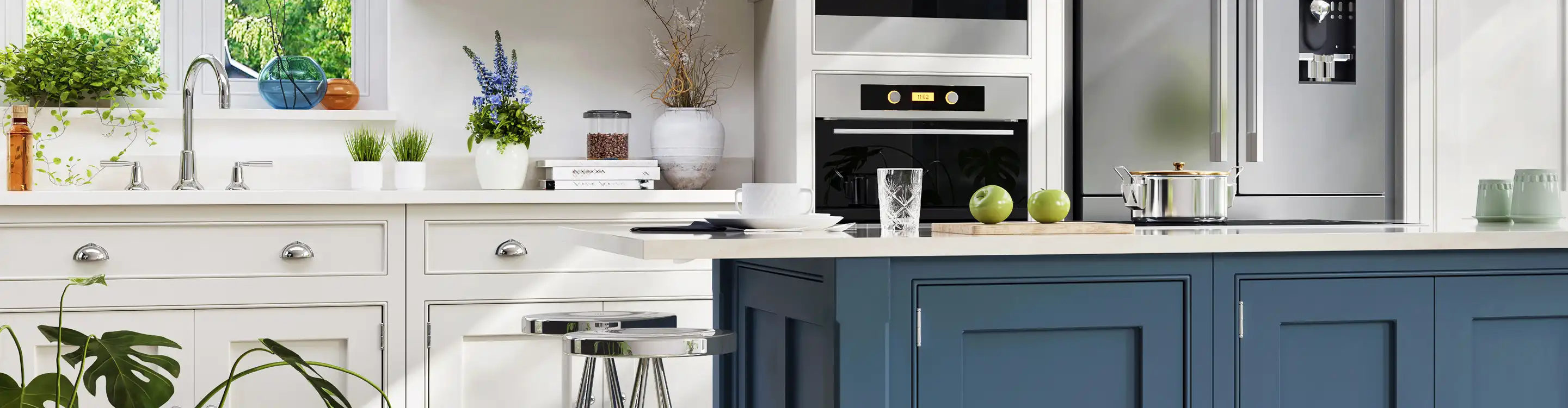 Tile kitchen with tall barstools. 